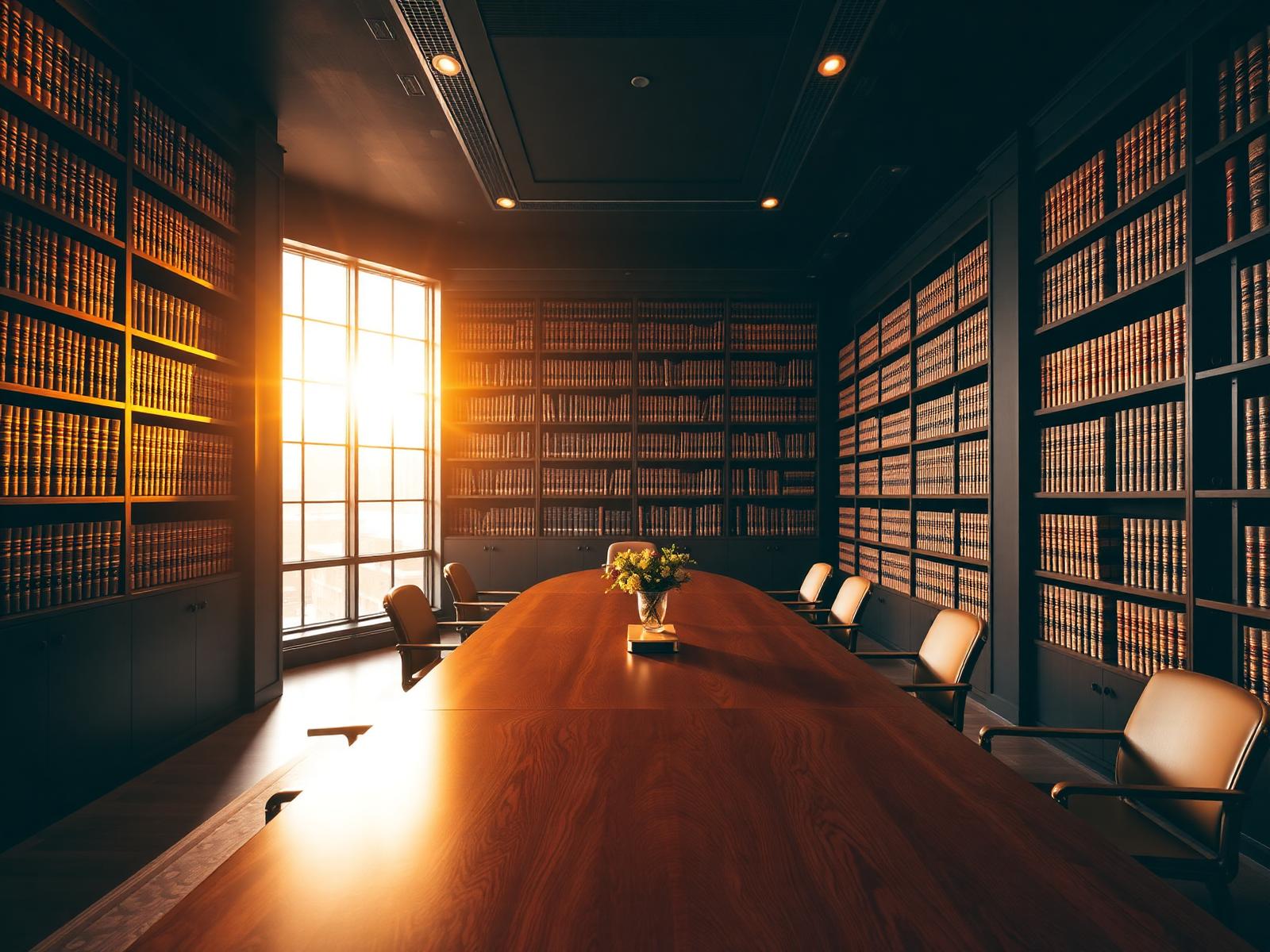 Refined law office interior with leather-bound legal volumes
