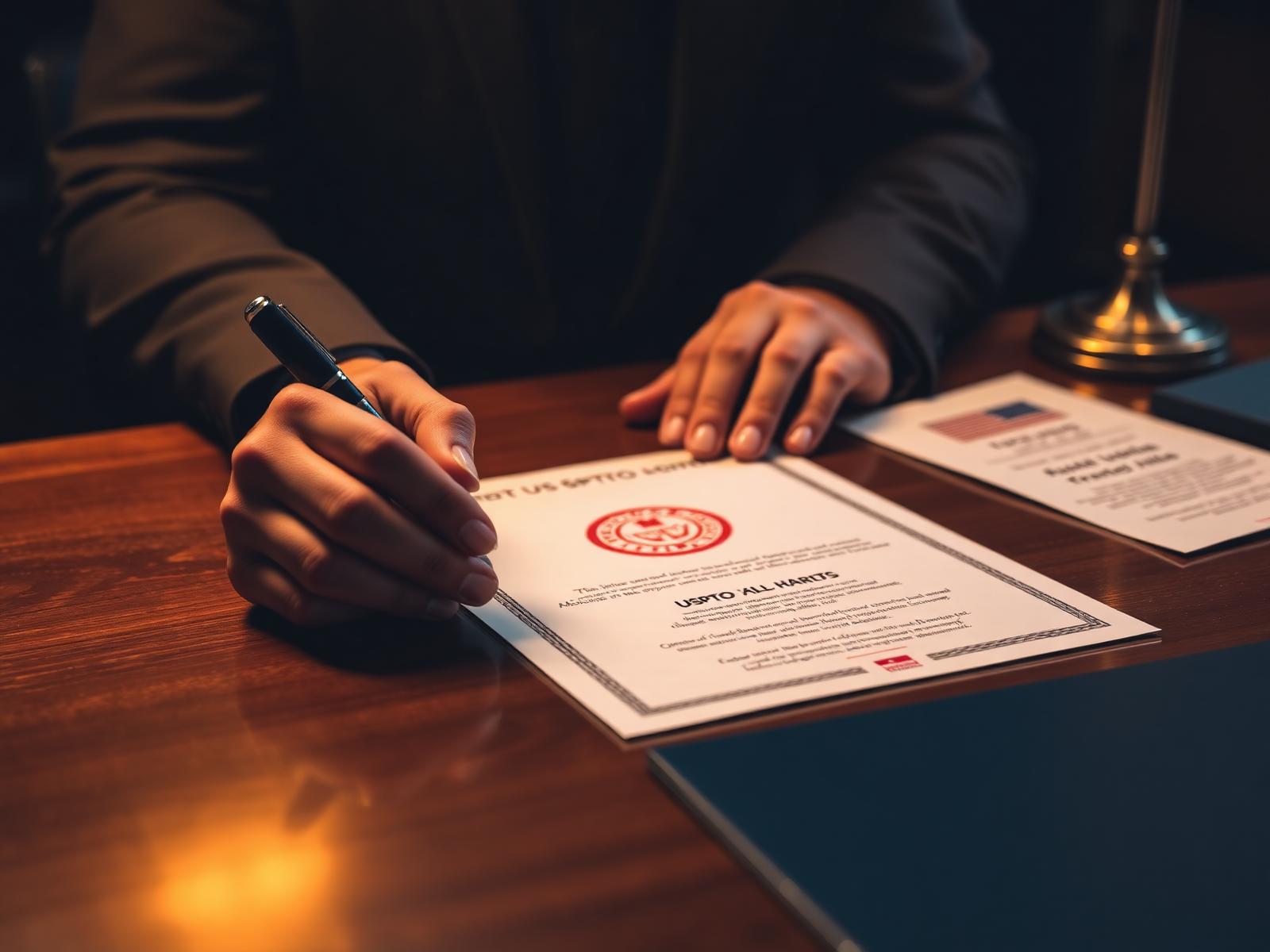 Attorney's hands signing official trademark documents under warm lamp light